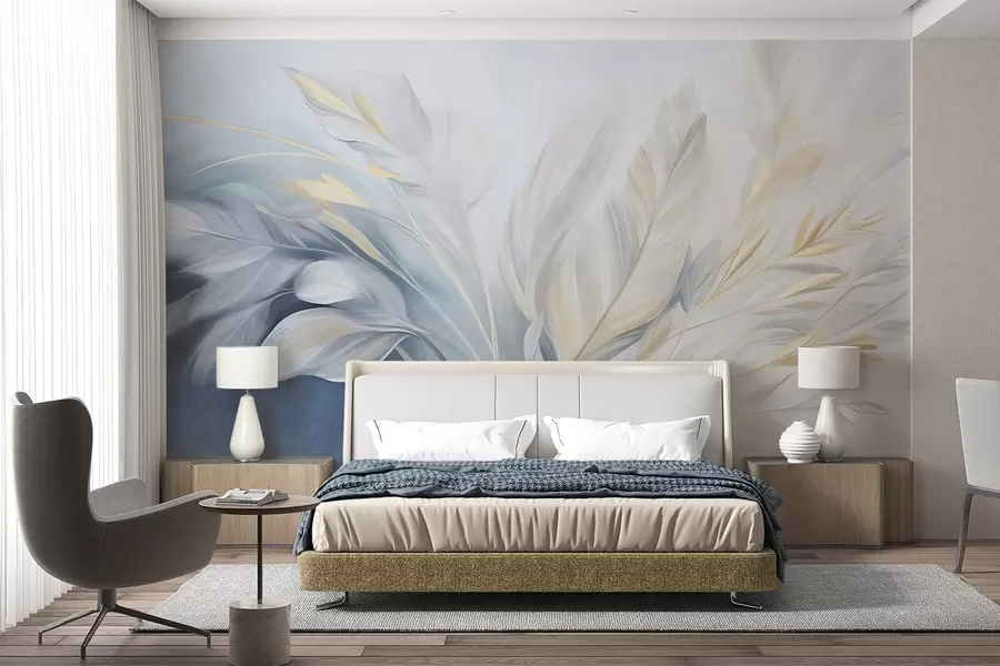 murales Plumas con textura y detalles en amarillo, sobre un fondo suave de azul claro y blanco w09826