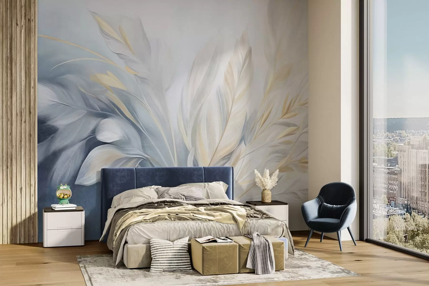 murales Plumas con textura y detalles en amarillo, sobre un fondo suave de azul claro y blanco w09826