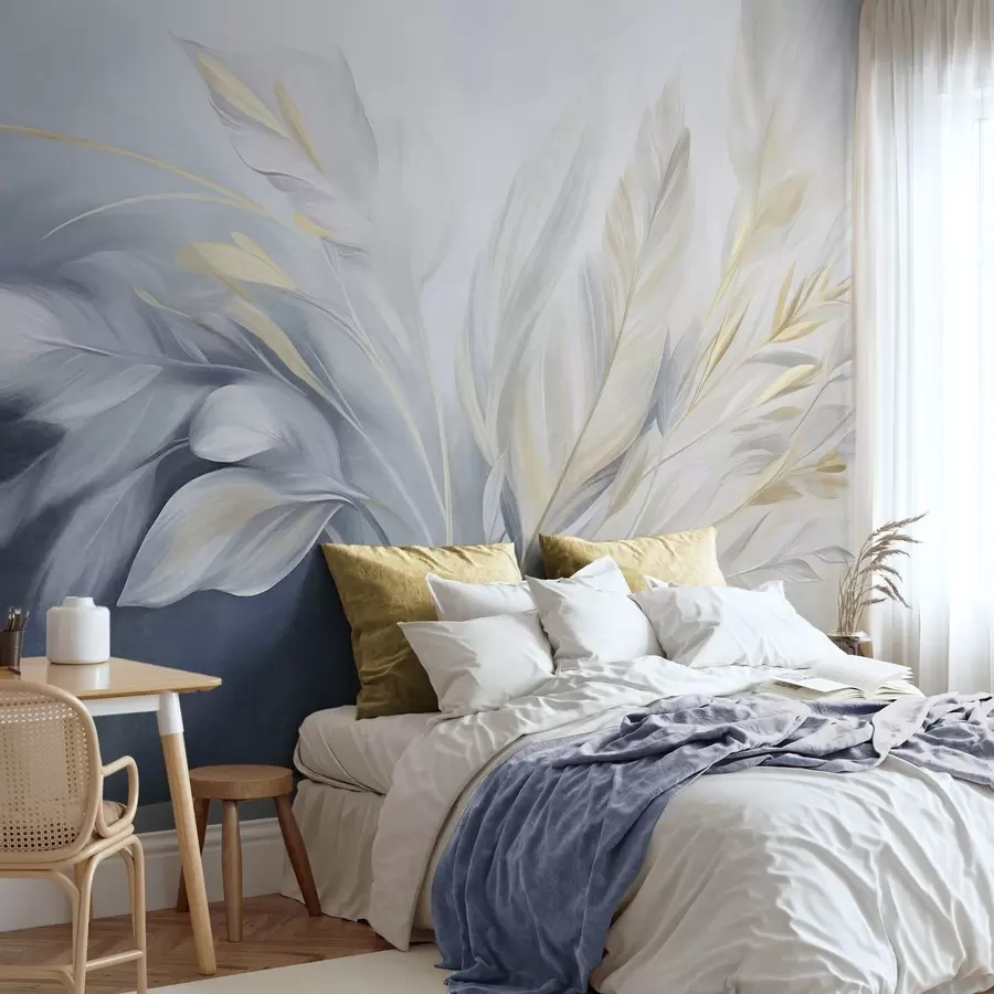 Wall Mural Photo Wallpaper Textured feathers with yellow accents, against a soft background of pale blue and white w09826