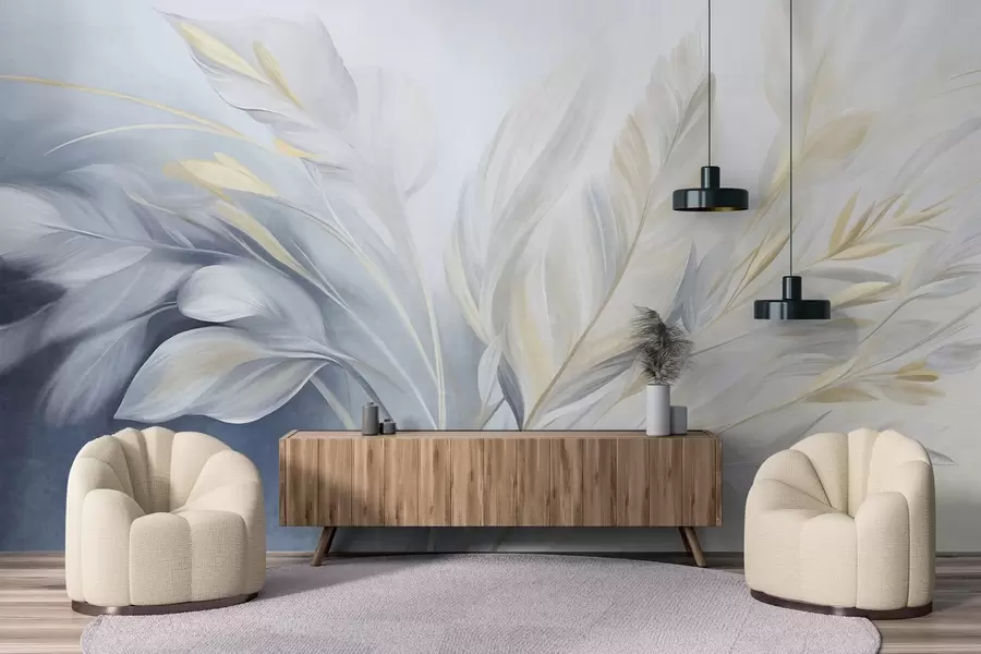 Wall Mural Photo Wallpaper Textured feathers with yellow accents, against a soft background of pale blue and white w09826