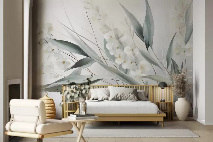 Wall Mural Photo Wallpaper Delicate flowers and long green leaves in a painterly style with subtle brushstrokes, textured art w09827