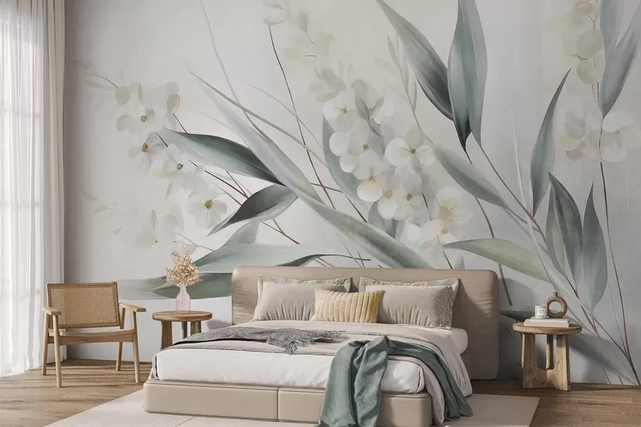 murales Flores delicadas y largas hojas verdes en un estilo pictórico con sutiles pinceladas, obra de arte con textura w09827