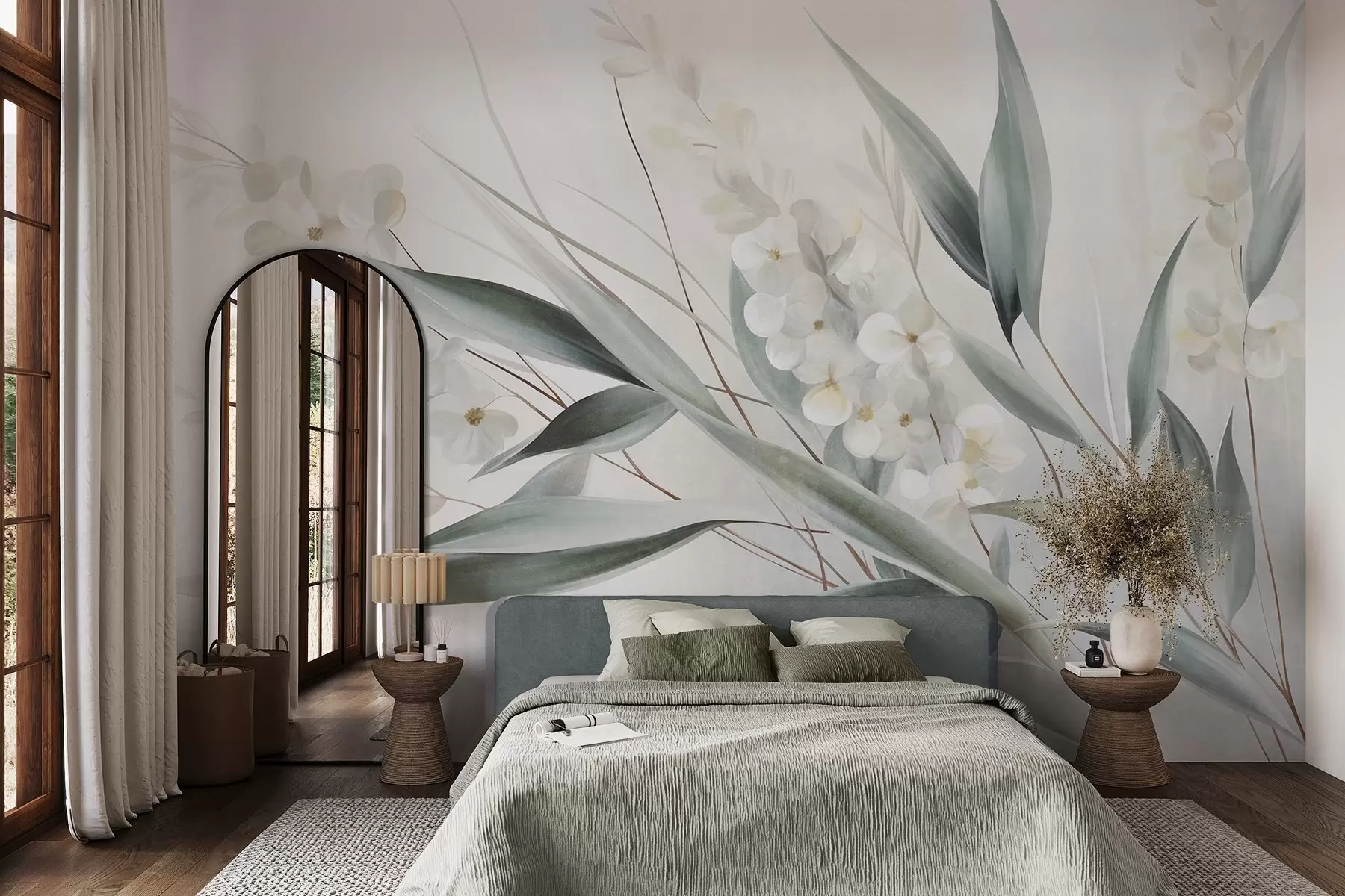 murales Flores delicadas y largas hojas verdes en un estilo pictórico con sutiles pinceladas, obra de arte con textura w09827