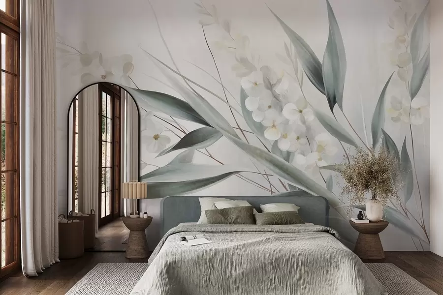 Wall Mural Photo Wallpaper Delicate flowers and long green leaves in a painterly style with subtle brushstrokes, textured art w09827
