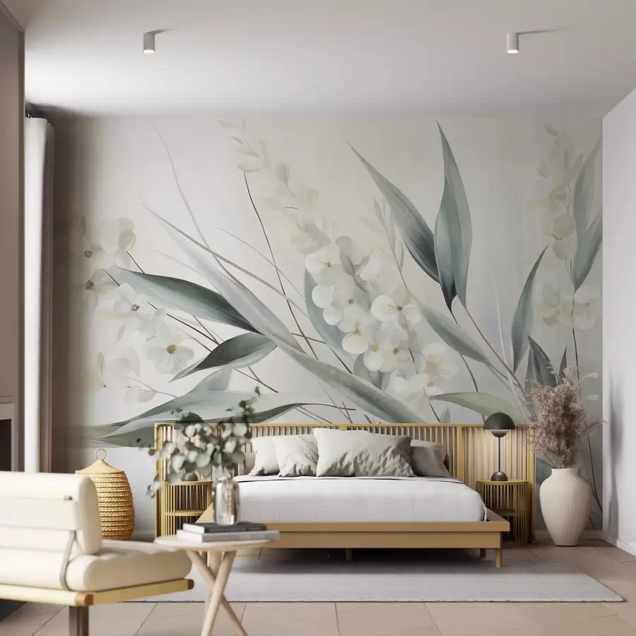 Wall Mural Photo Wallpaper Delicate flowers and long green leaves in a painterly style with subtle brushstrokes, textured art w09827