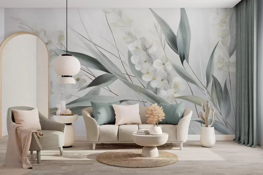 Wall Mural Photo Wallpaper Delicate flowers and long green leaves in a painterly style with subtle brushstrokes, textured art w09827
