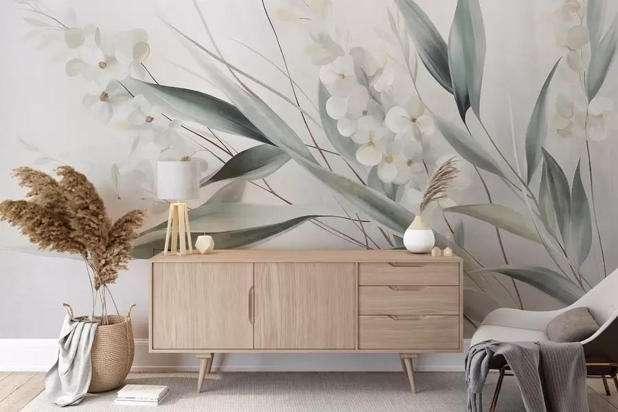 murales Flores delicadas y largas hojas verdes en un estilo pictórico con sutiles pinceladas, obra de arte con textura w09827