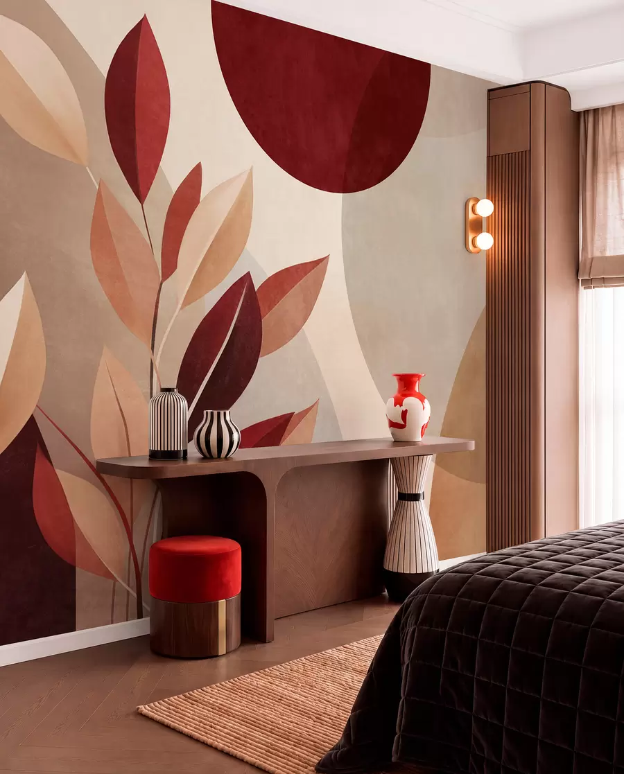 Wall Mural Photo Wallpaper Textured bordo and beige leaves on a background of abstract shapes, minimalism, modern art w09829