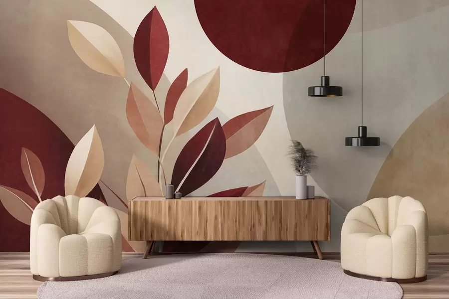 Wall Mural Photo Wallpaper Textured bordo and beige leaves on a background of abstract shapes, minimalism, modern art w09829