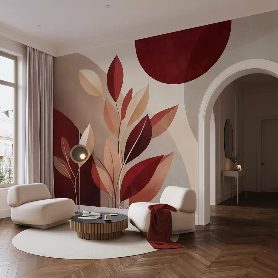Wall Mural Photo Wallpaper Textured bordo and beige leaves on a background of abstract shapes, minimalism, modern art w09829