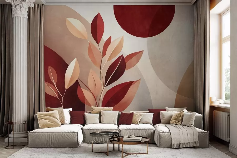 murales Hojas con textura en tonos burdeos y beige sobre un fondo de formas abstractas, minimalismo y arte moderno w09829