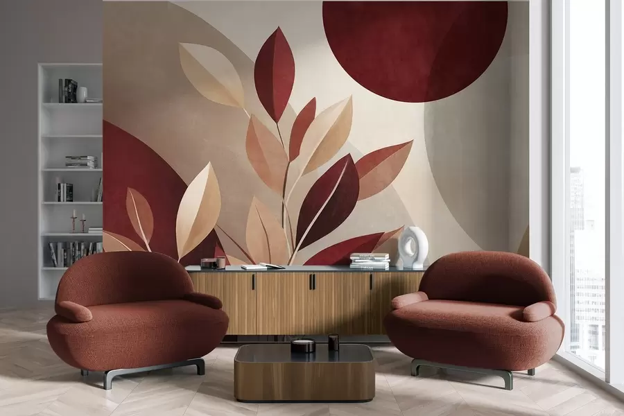 Wall Mural Photo Wallpaper Textured bordo and beige leaves on a background of abstract shapes, minimalism, modern art w09829