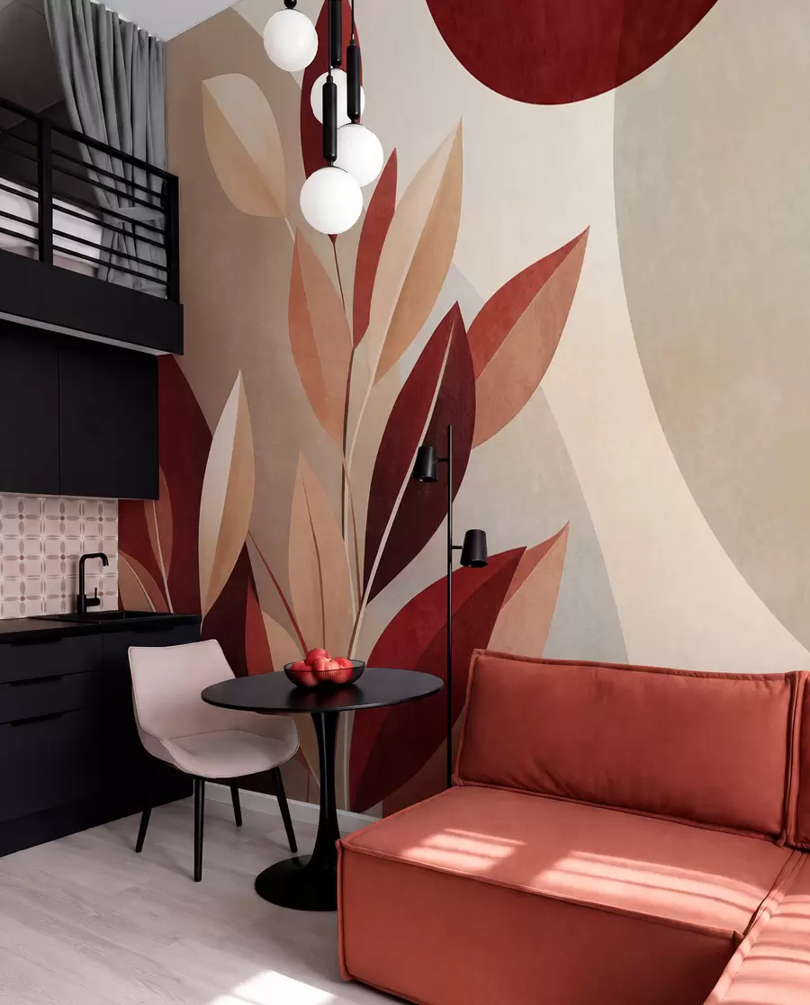 wall murals Textured bordo and beige leaves on a background of abstract shapes, minimalism, modern art w09829