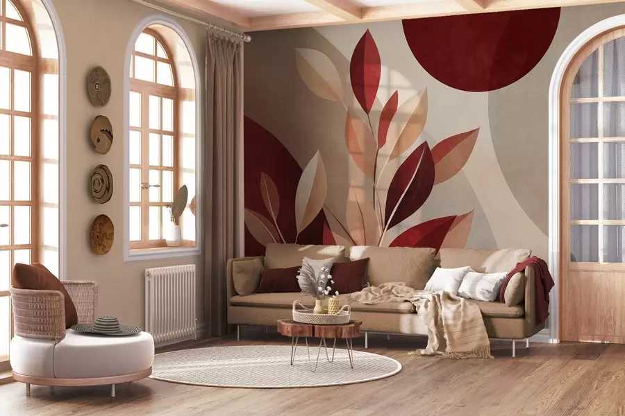 wall murals Textured bordo and beige leaves on a background of abstract shapes, minimalism, modern art w09829