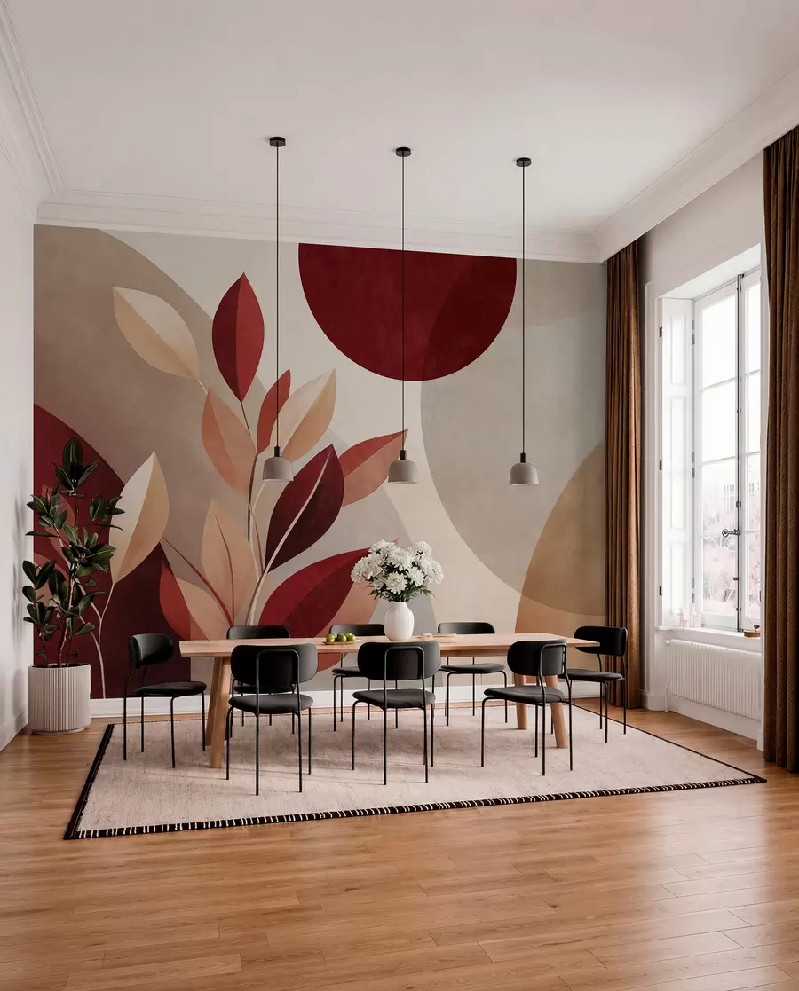 Wall Mural Photo Wallpaper Textured bordo and beige leaves on a background of abstract shapes, minimalism, modern art w09829