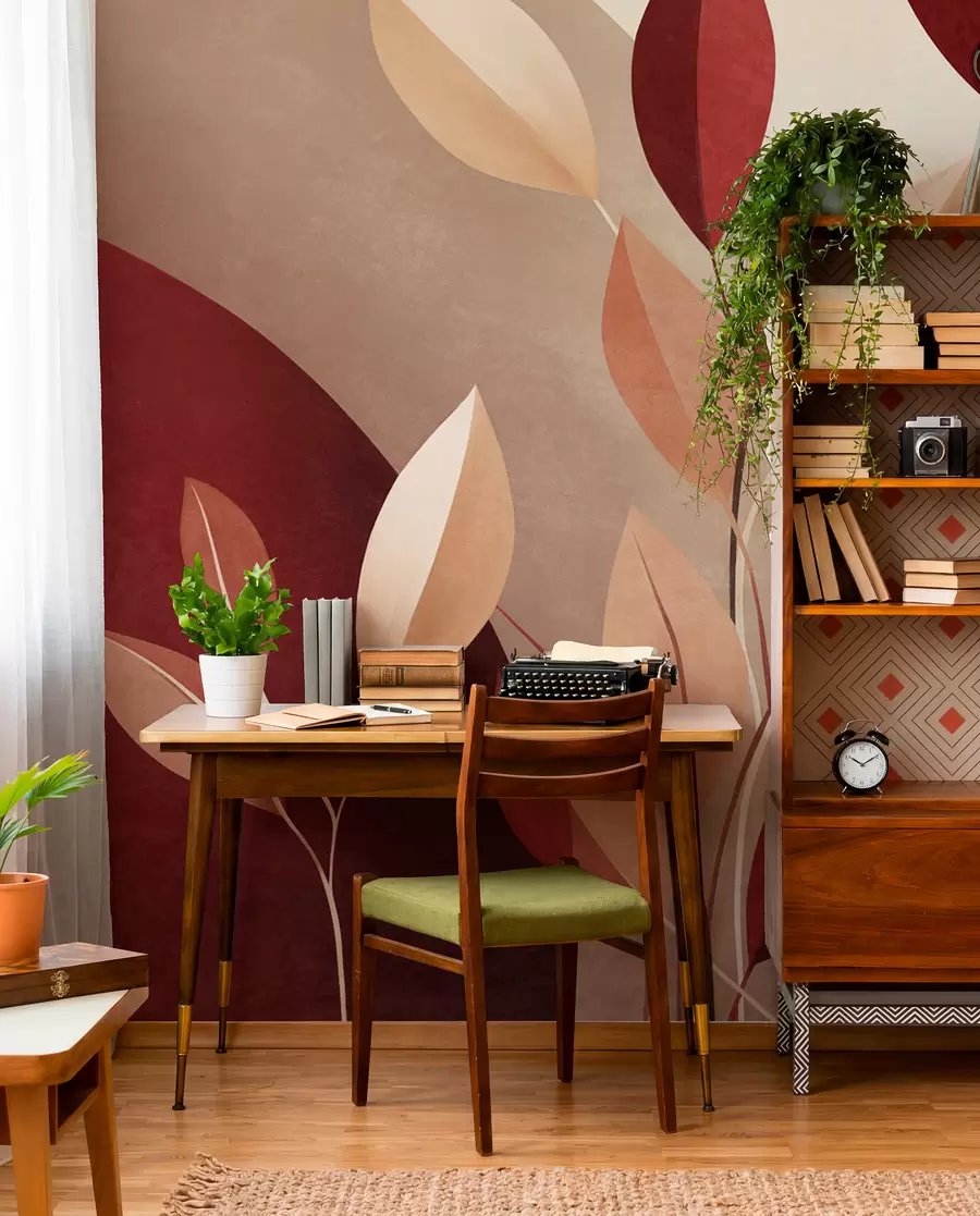 Wall Mural Photo Wallpaper Textured bordo and beige leaves on a background of abstract shapes, minimalism, modern art w09829