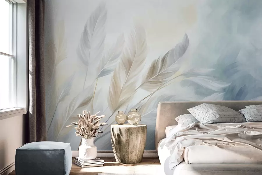 Wall Mural Photo Wallpaper Textured pastel feathers with soft, wispy edges, against a background in watercolor style w09833
