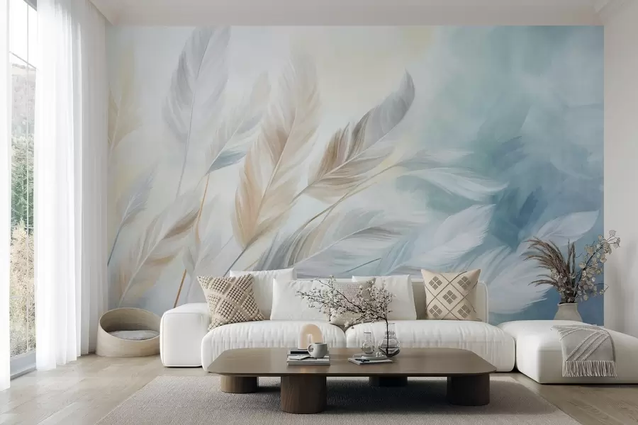 Wall Mural Photo Wallpaper Textured pastel feathers with soft, wispy edges, against a background in watercolor style w09833
