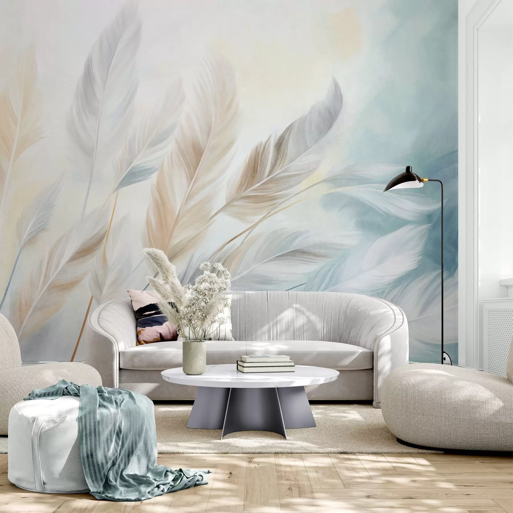 Wall Mural Photo Wallpaper Textured pastel feathers with soft, wispy edges, against a background in watercolor style w09833