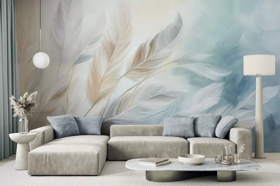murales Plumas en tonos pastel con textura y bordes suaves y difuminados, sobre un fondo de estilo acuarela w09833