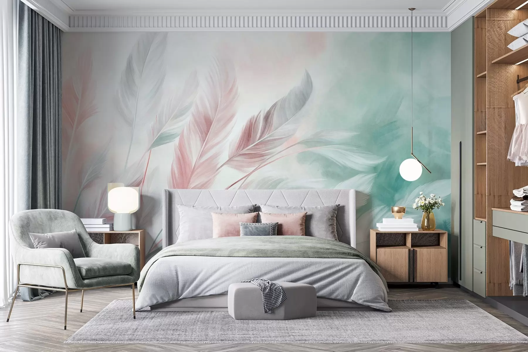 peintures murales Des plumes aux couleurs pastel texturées, aux bords doux et vaporeux, sur un fond de style aquarelle w09833v1