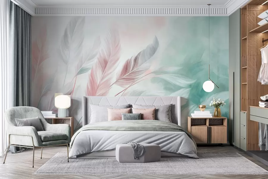 murales Plumas en tonos pastel con textura y bordes suaves y difuminados, sobre un fondo de estilo acuarela w09833v1