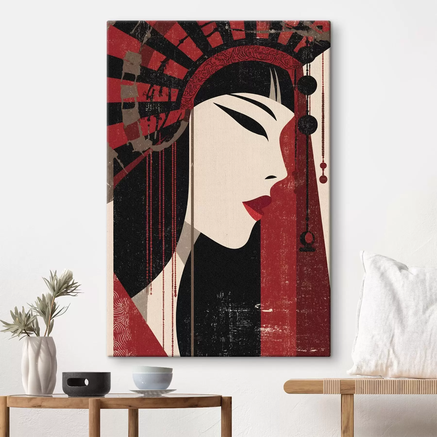 wall murals stylized portrait of a woman, inspired by japanese and art deco aesthetics s48993