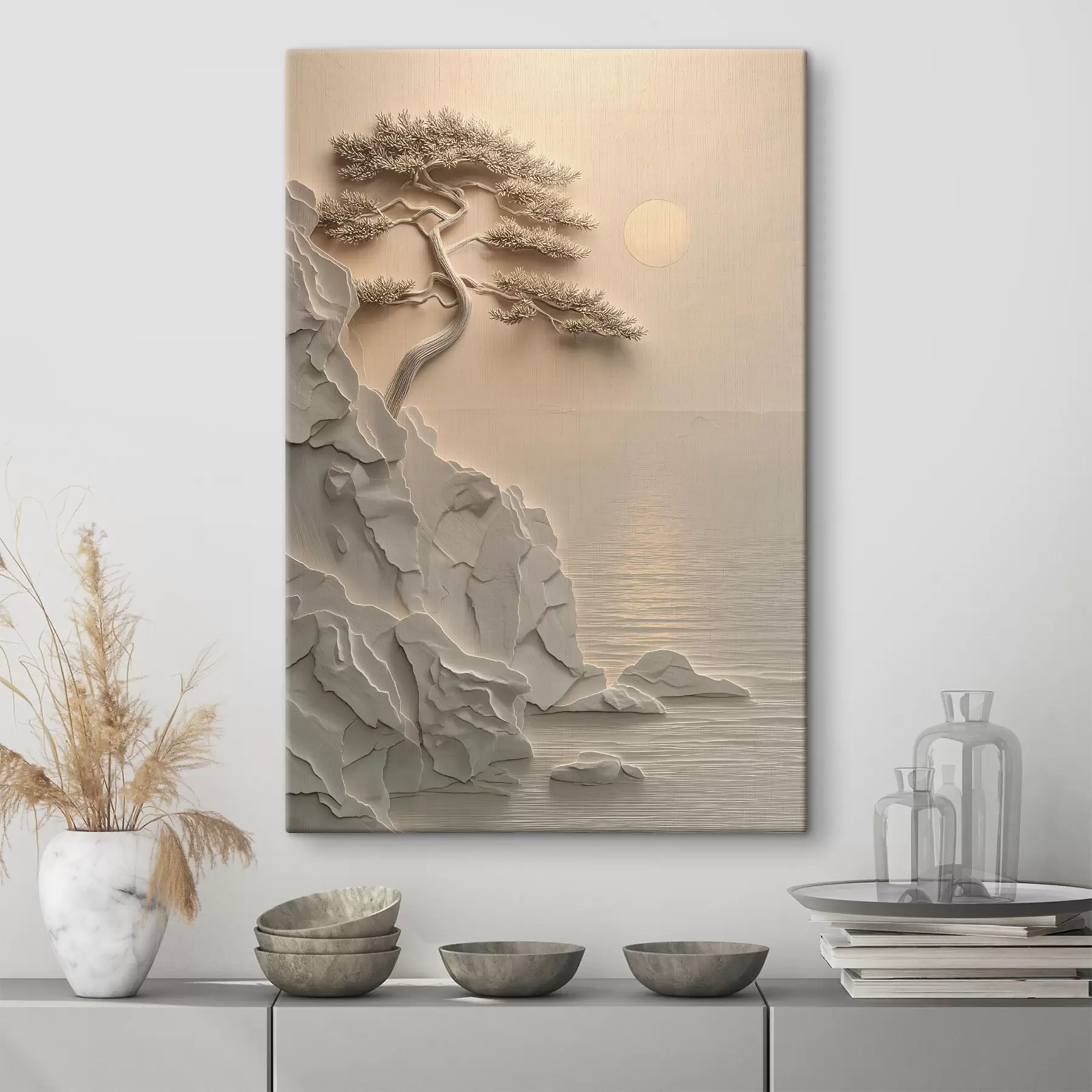 wall murals a tree on a seaside slope, in bas-relief style s49001