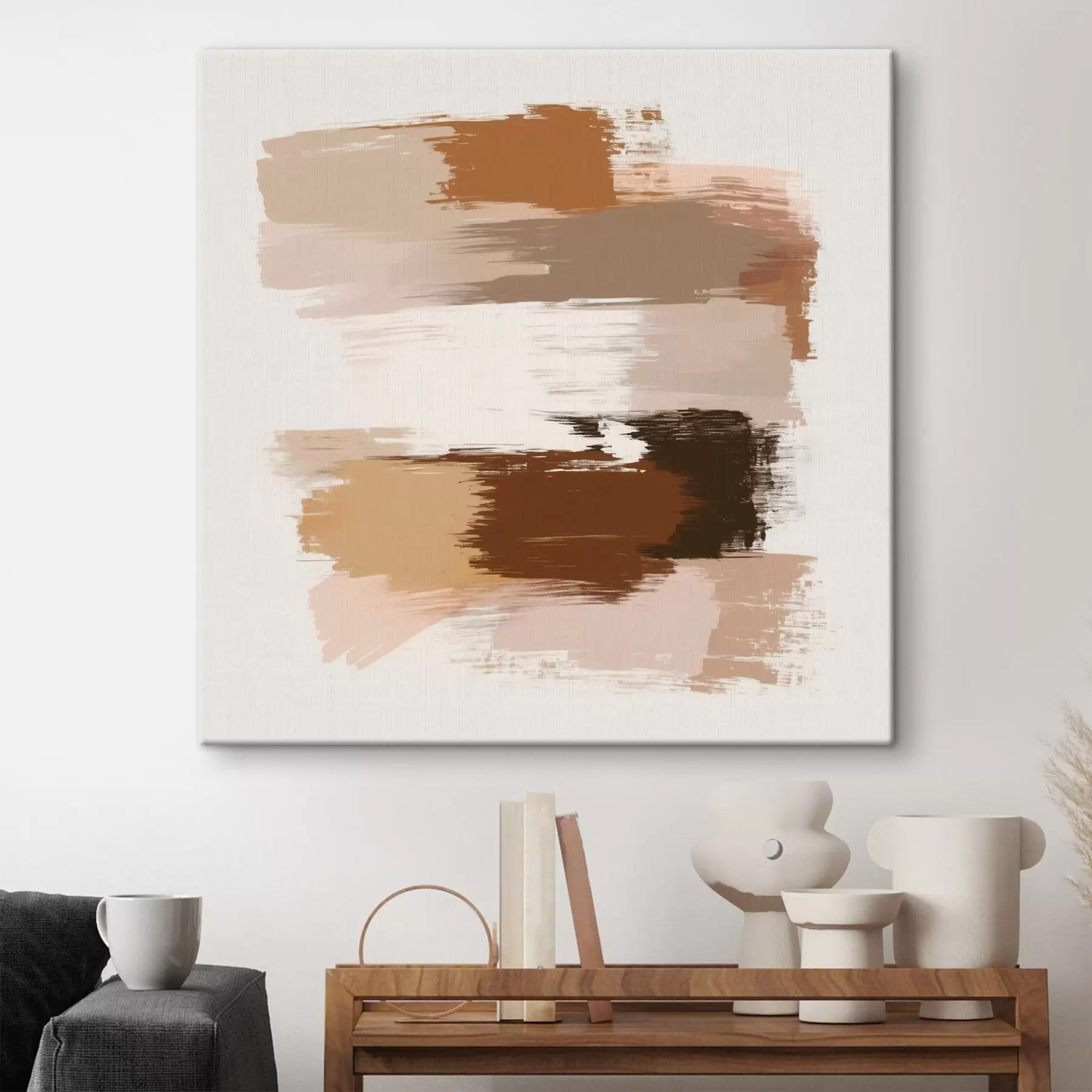 wall murals Minimalist scene with horizontal brushstrokes in coffee and terracotta shades s48858