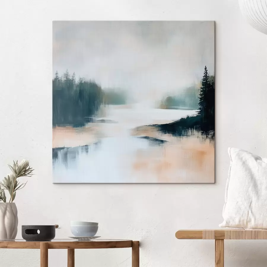 murales Paisaje forestal abstracto en tonos rosas y azules, pintado en un estilo contemporáneo s48862