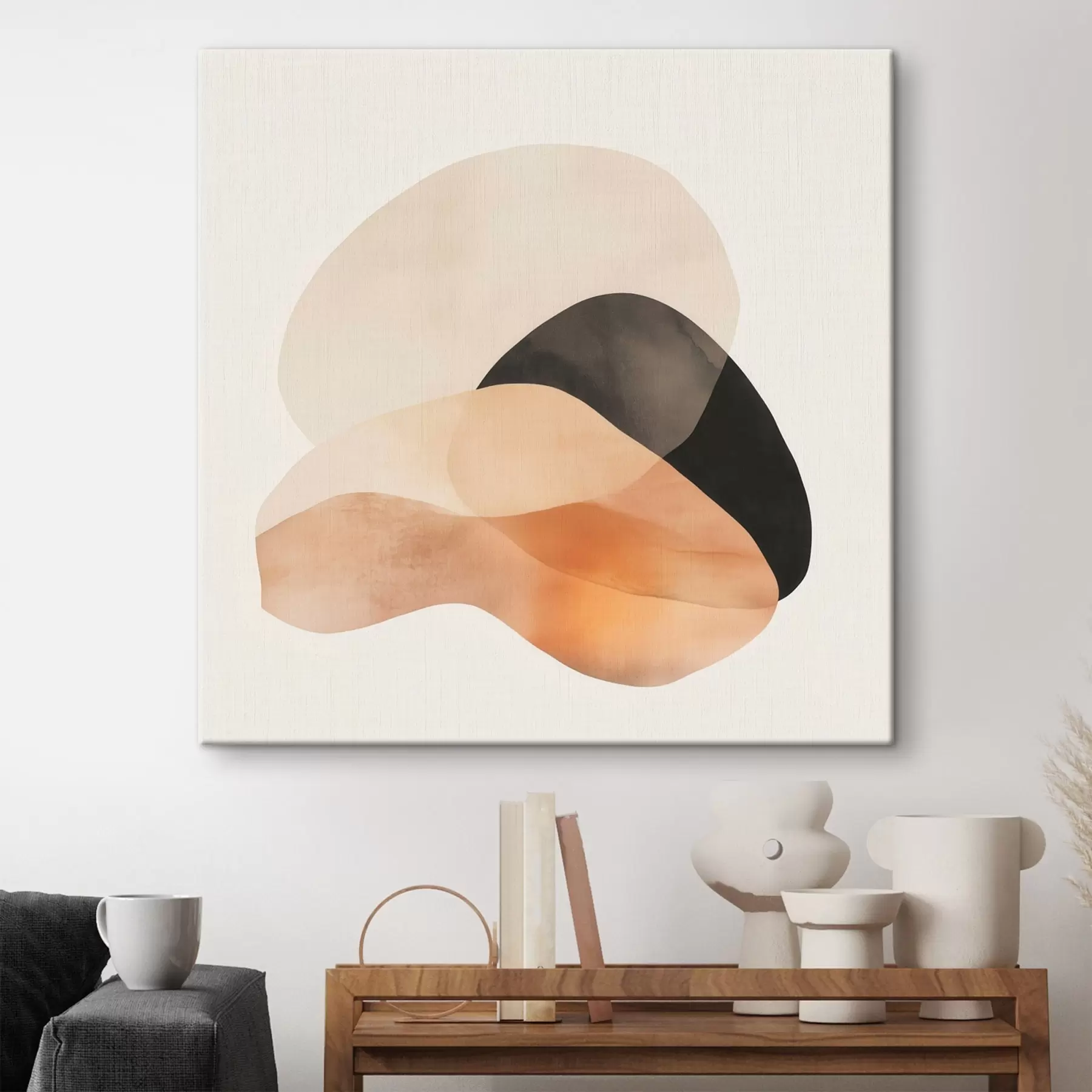 murales Formas abstractas en una paleta de tonos beige y melocotón con toques oscuros, en un estilo minimalista s48863