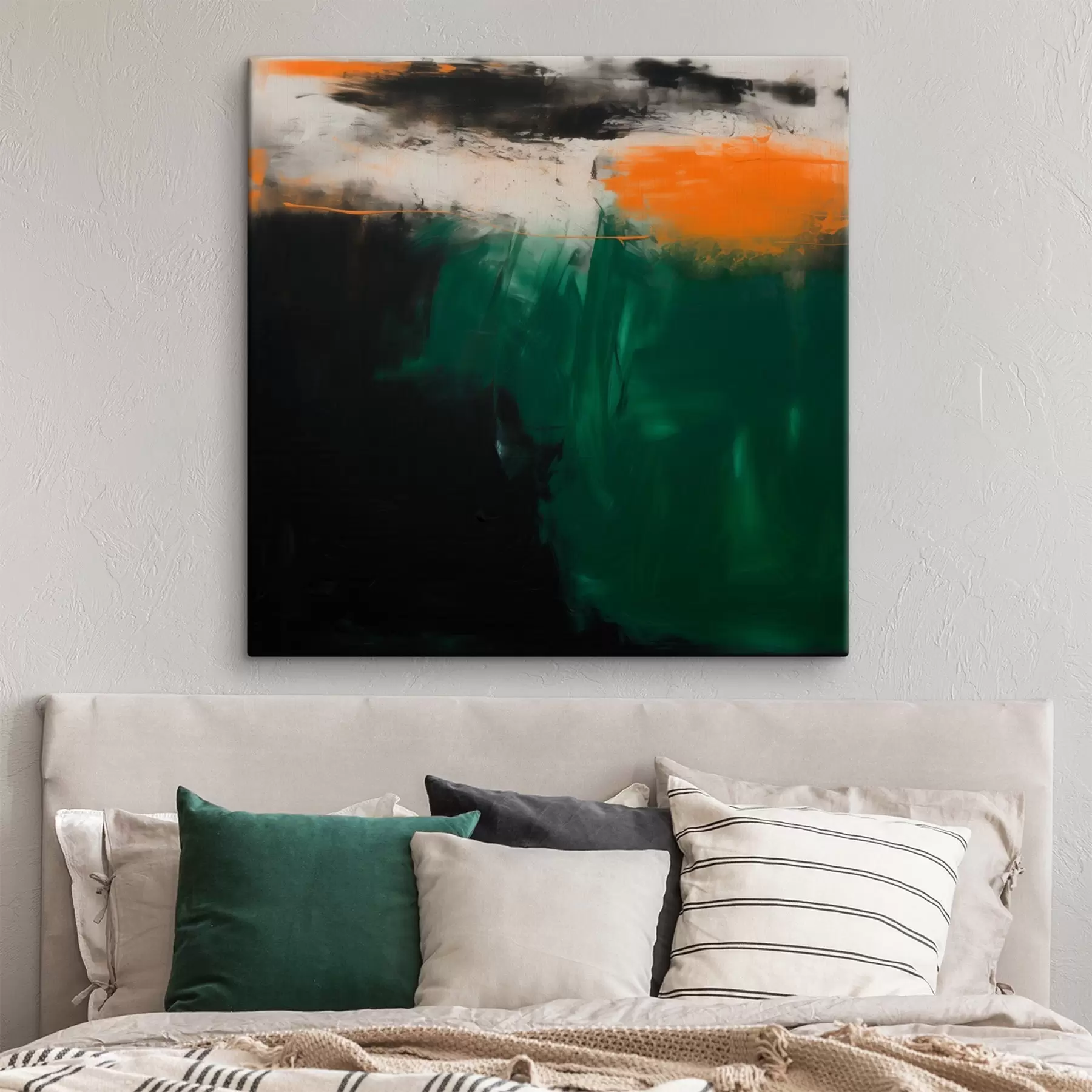 wall murals Abstraction with an orange accent and deep green brushstrokes in a contemporary painting style s48865