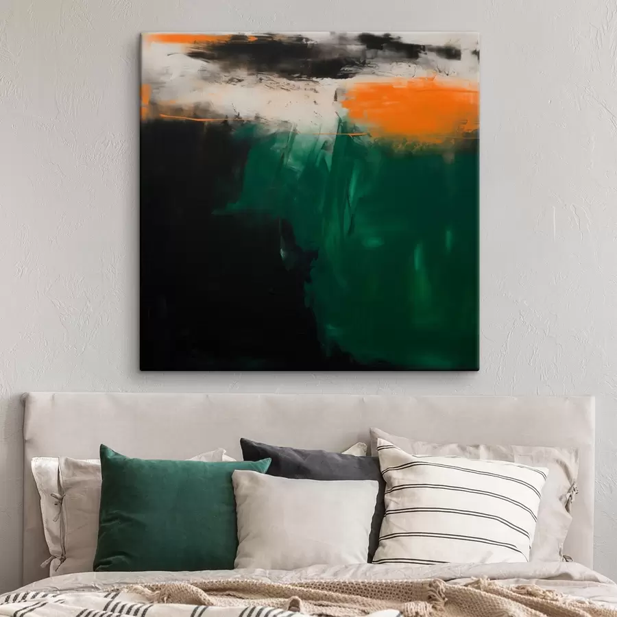 murales Una obra abstracta con toques anaranjados y pinceladas de color verde intenso, en un estilo pictórico contemporáneo s48865
