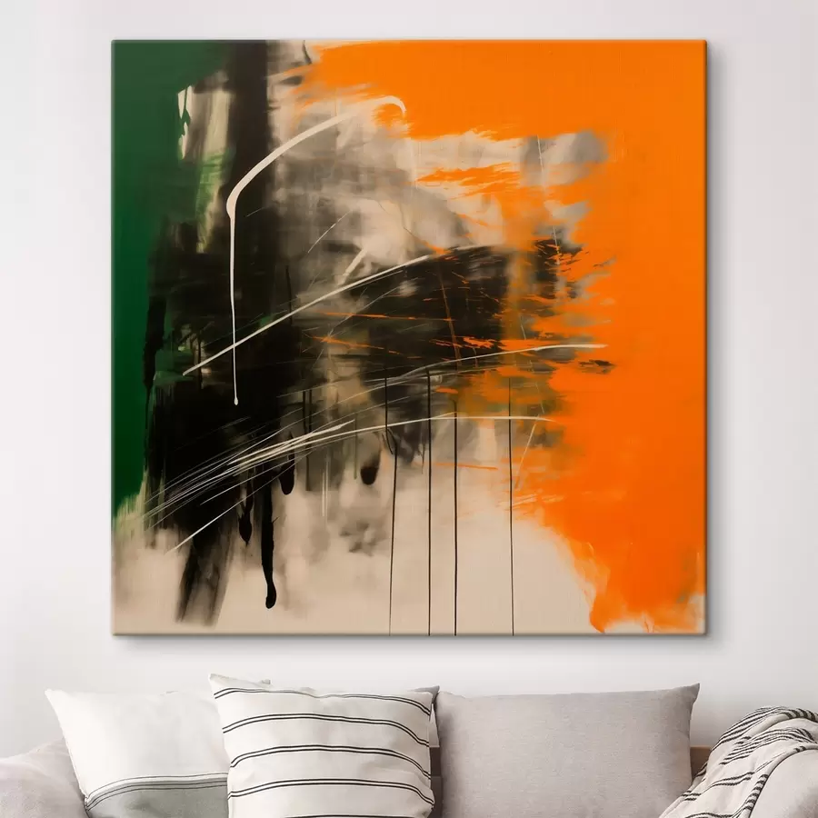 murales Abstracción con pinceladas naranjas y verdes en un estilo pictórico contemporáneo s48866