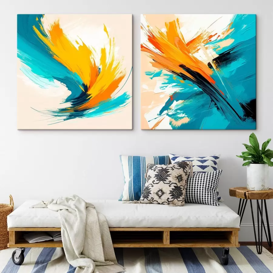 murales Pinceladas dinámicas en una paleta de colores turquesa y naranja, en un estilo de arte contemporáneo m30354