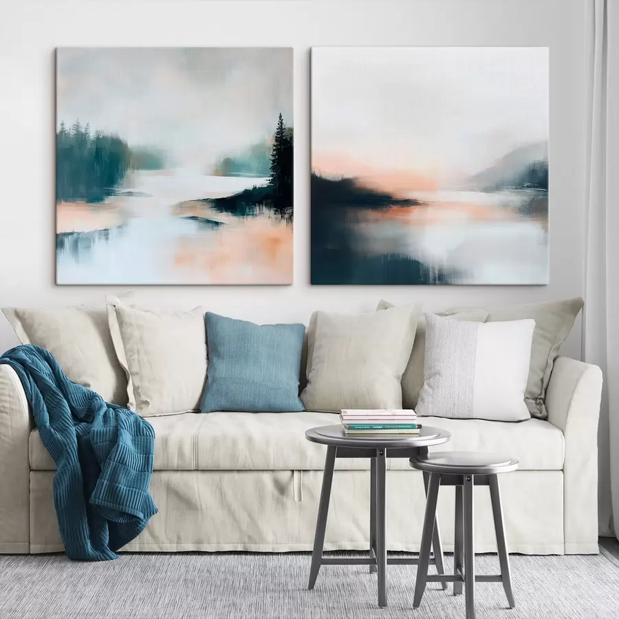 murales Paisaje brumoso con coníferas y un lago, pintado en un estilo contemporáneo m30357