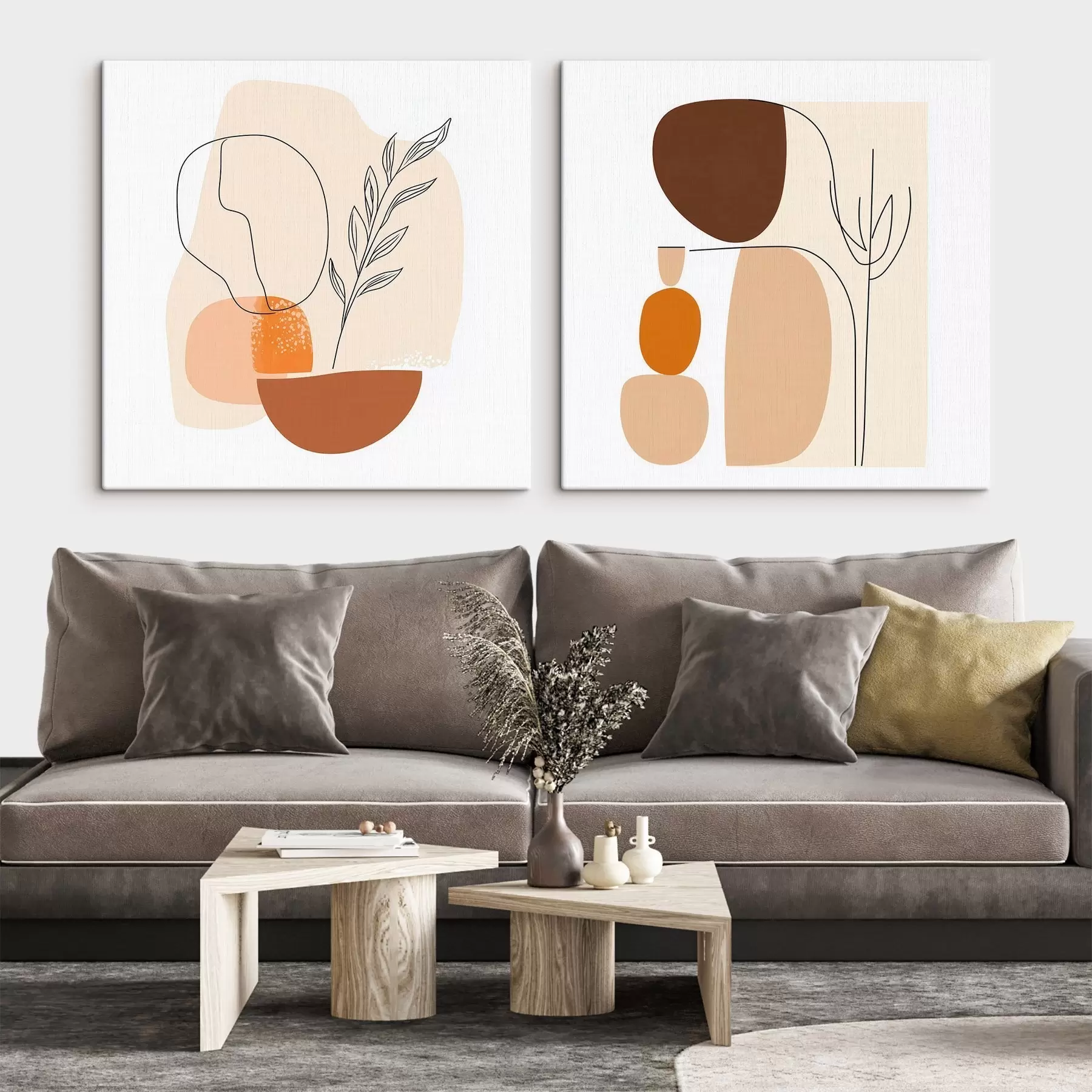 murales Flores abstractas en una cálida paleta de tonos beige y coral: ilustración de estilo minimalista m30362