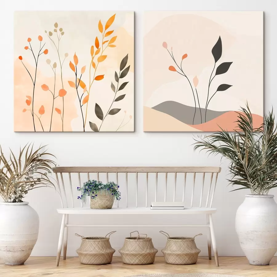murales Díptico floral en cálidos tonos beige y coral con líneas gráficas de estilo minimalista m30363