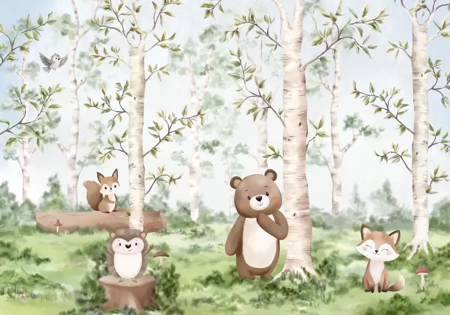Wall Mural Photo Wallpaper A children's illustration of a forest featuring a bear, a fox, and a hedgehog w05532