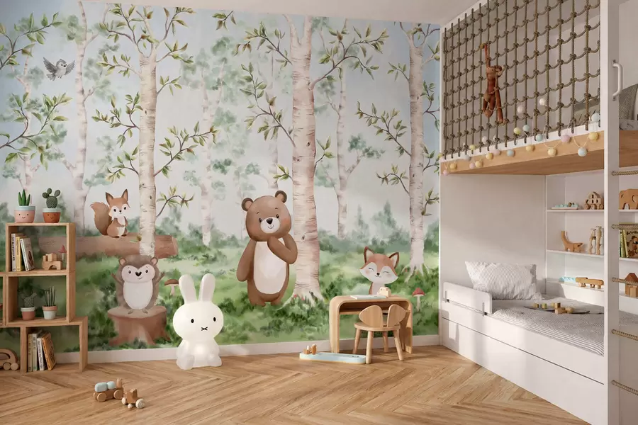 murales Una ilustración infantil de un bosque en la que aparecen un oso, un zorro y un erizo w05532