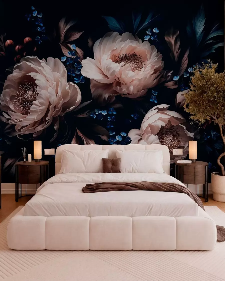 Wall Mural Photo Wallpaper Dark floral composition with large flowers and leaves w05533
