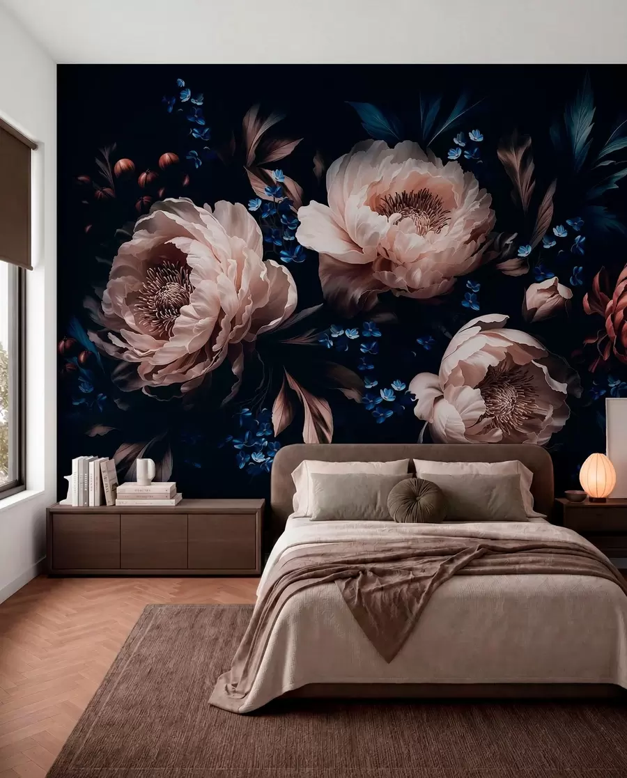 peintures murales Composition florale sombre composée de grandes fleurs et de feuilles w05533