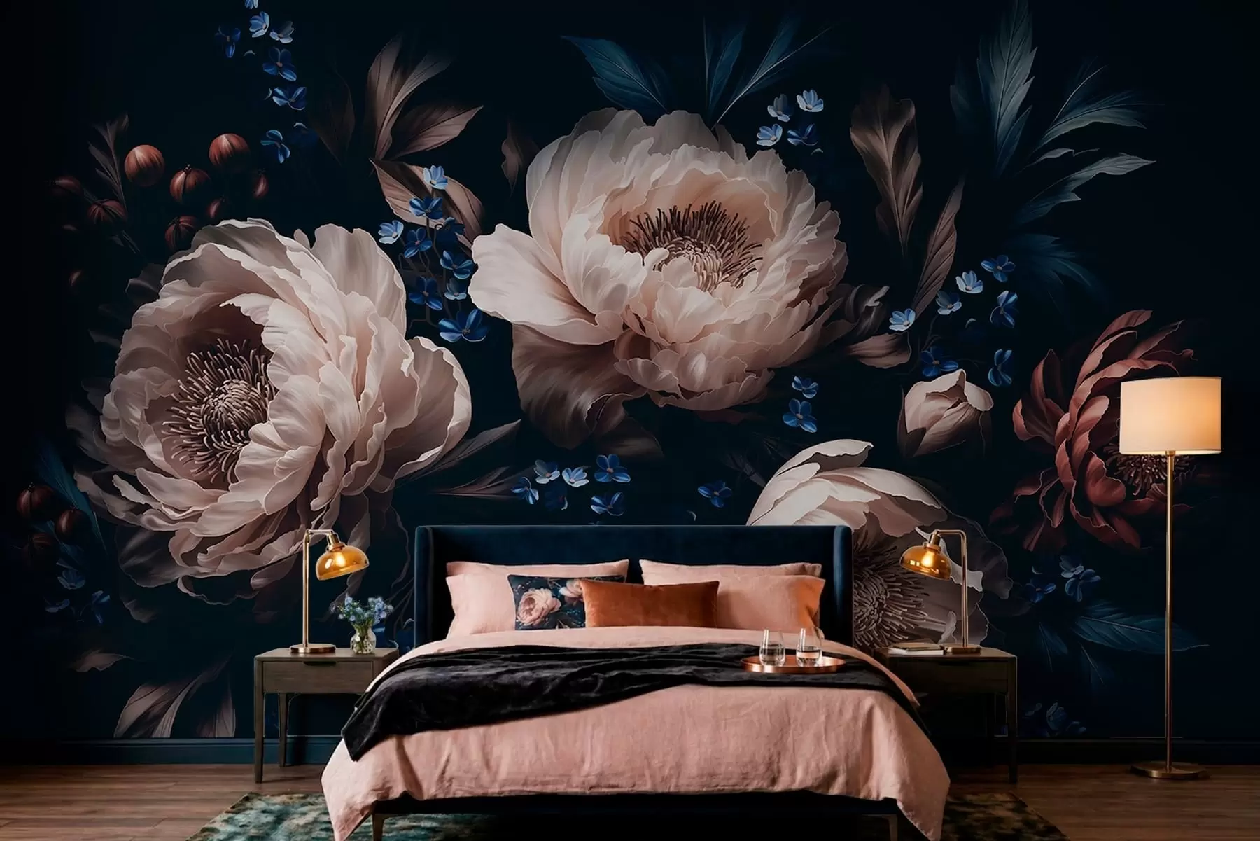 peintures murales Composition florale sombre composée de grandes fleurs et de feuilles w05533