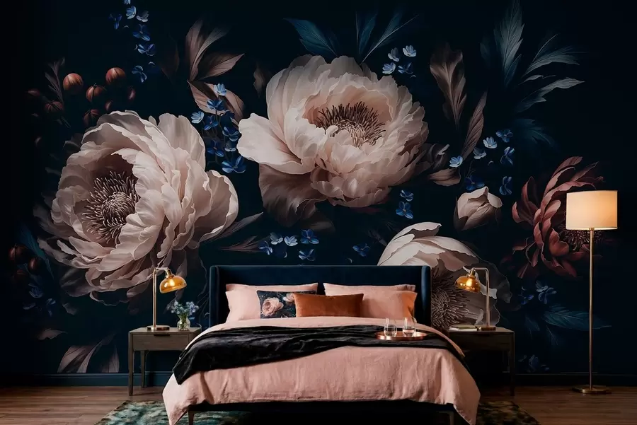 peintures murales Composition florale sombre composée de grandes fleurs et de feuilles w05533