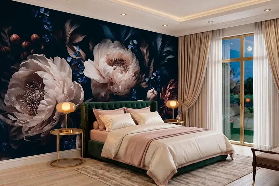 murales Composición floral en tonos oscuros con flores y hojas grandes w05533