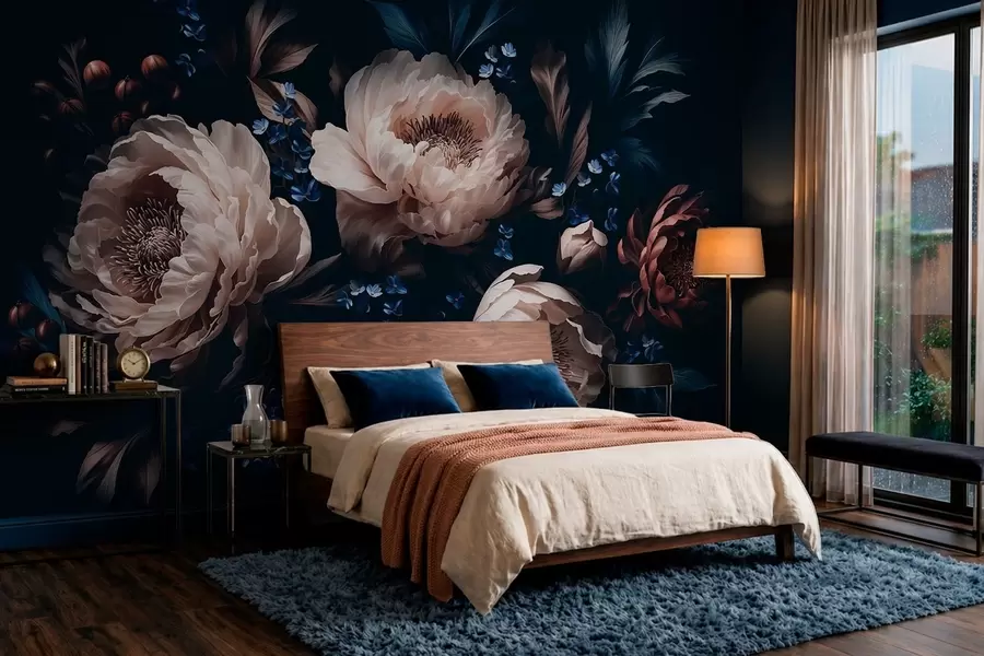 peintures murales Composition florale sombre composée de grandes fleurs et de feuilles w05533