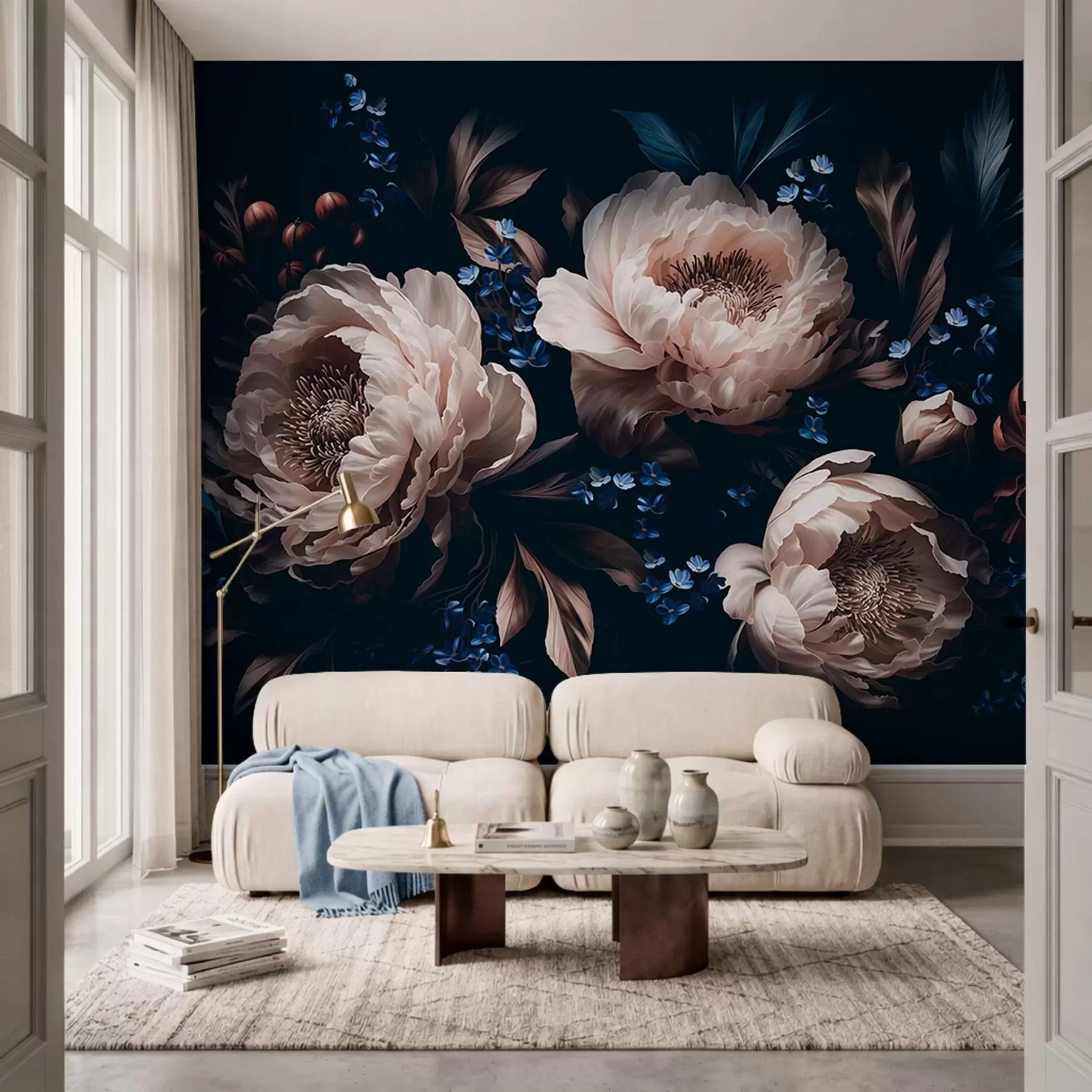 murales Composición floral en tonos oscuros con flores y hojas grandes w05533