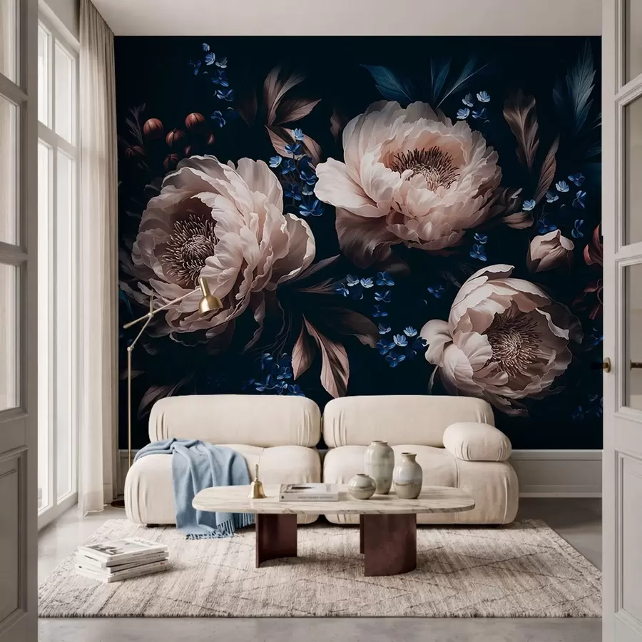 wall murals Dark floral composition with large flowers and leaves w05533