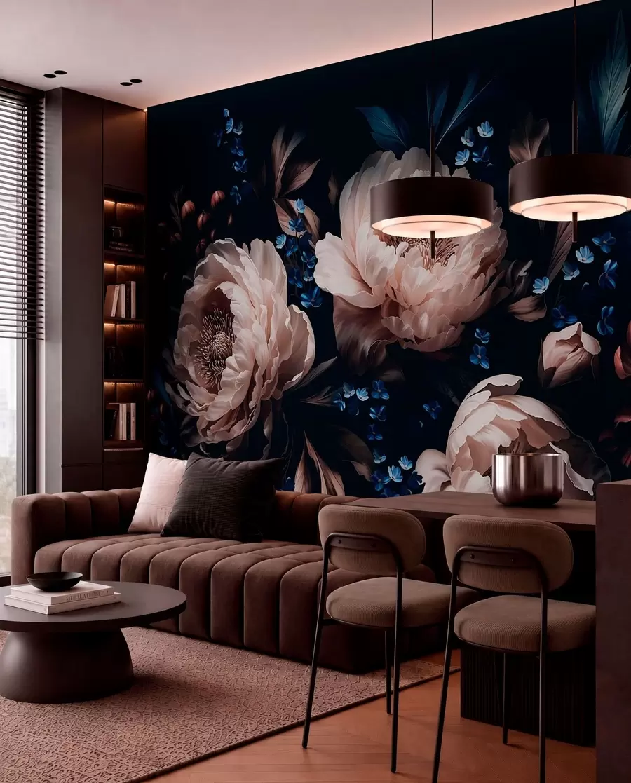 peintures murales Composition florale sombre composée de grandes fleurs et de feuilles w05533