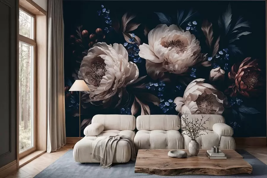 Wall Mural Photo Wallpaper Dark floral composition with large flowers and leaves w05533